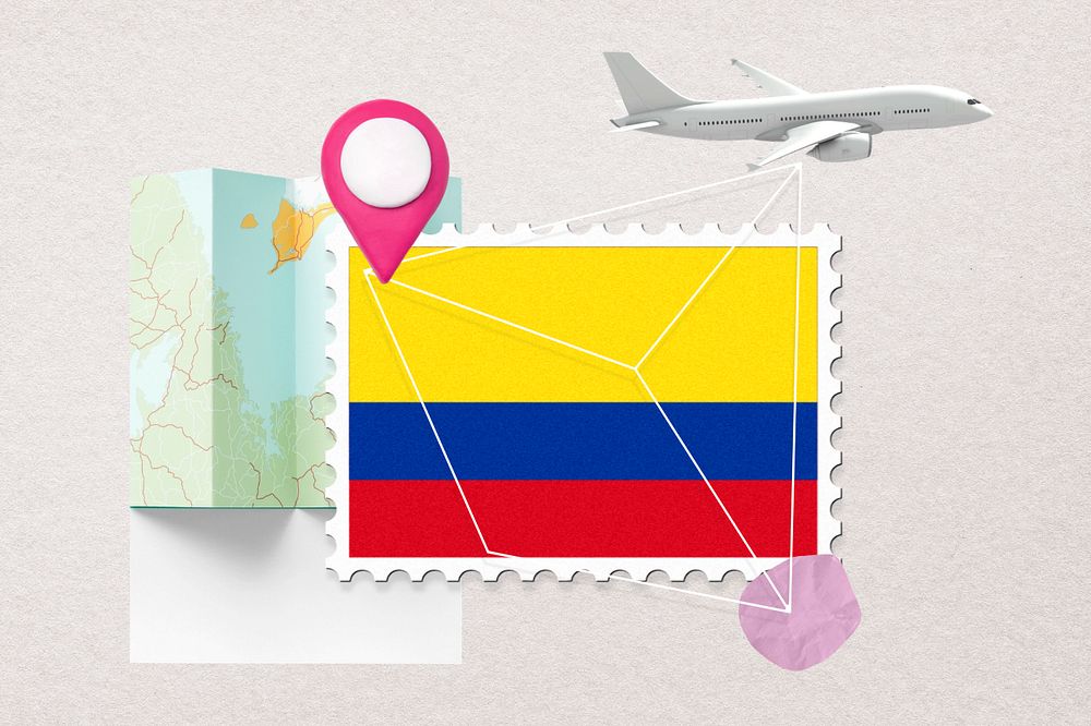 Colombia travel, stamp tourism collage illustration, editable design