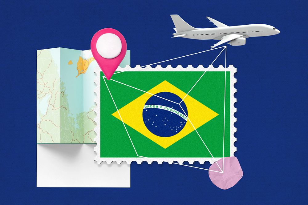 Brazil travel, stamp tourism collage illustration, editable design