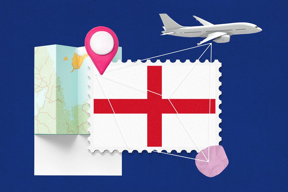 England travel, stamp tourism collage illustration, editable design