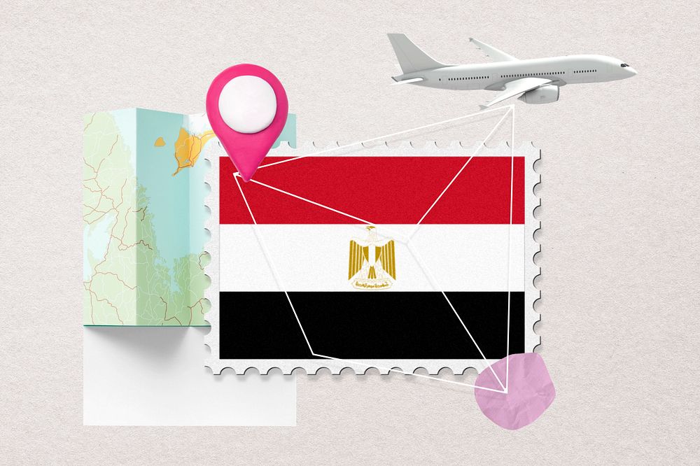 Egypt travel, stamp tourism collage illustration, editable design