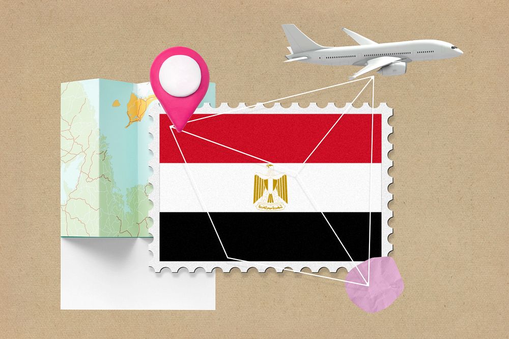 Egypt travel, stamp tourism collage illustration, editable design