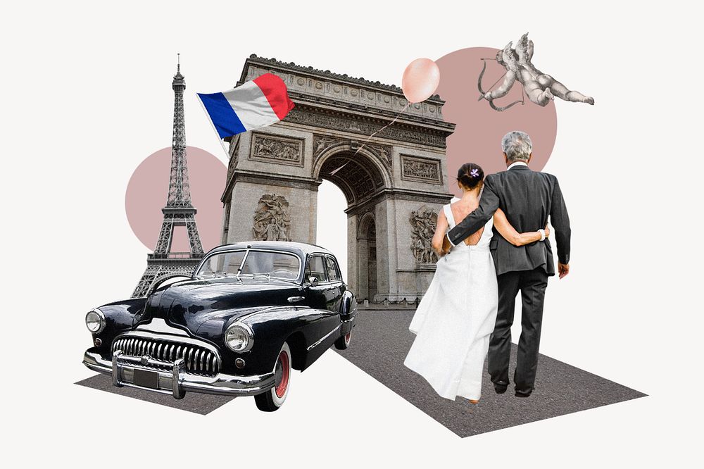 Honeymoon in France, travel photo collage, editable design