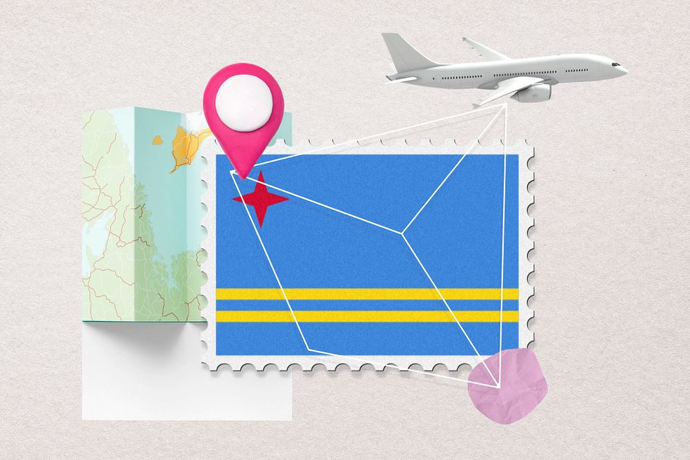 Aruba travel, stamp tourism collage illustration, editable design