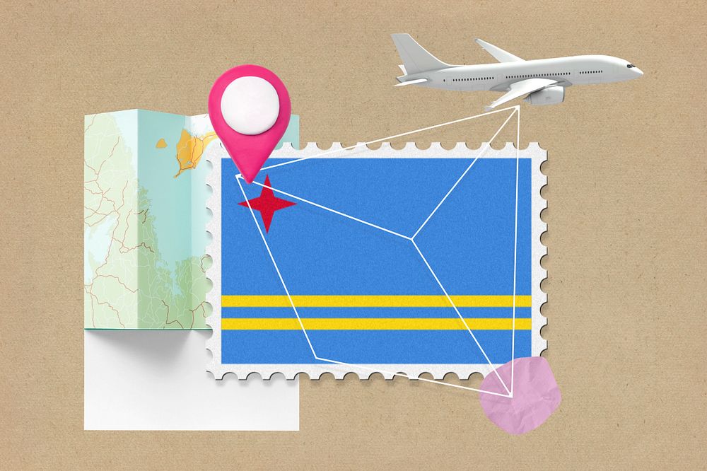 Aruba travel, stamp tourism collage illustration, editable design