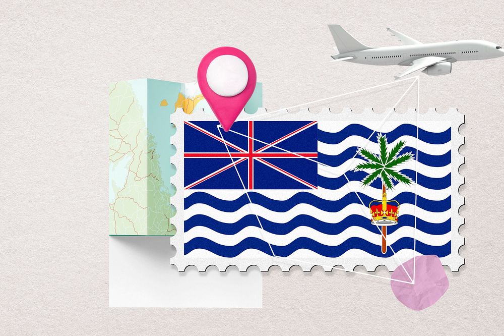 British Indian Ocean Territory, stamp tourism collage illustration, editable design