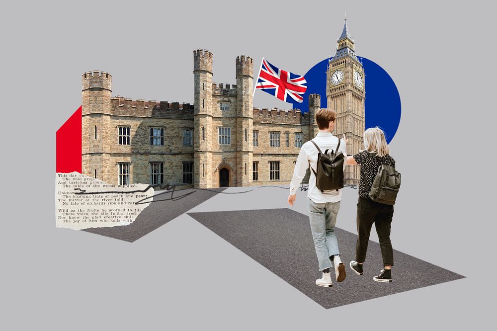 Study in UK, education photo collage, editable design