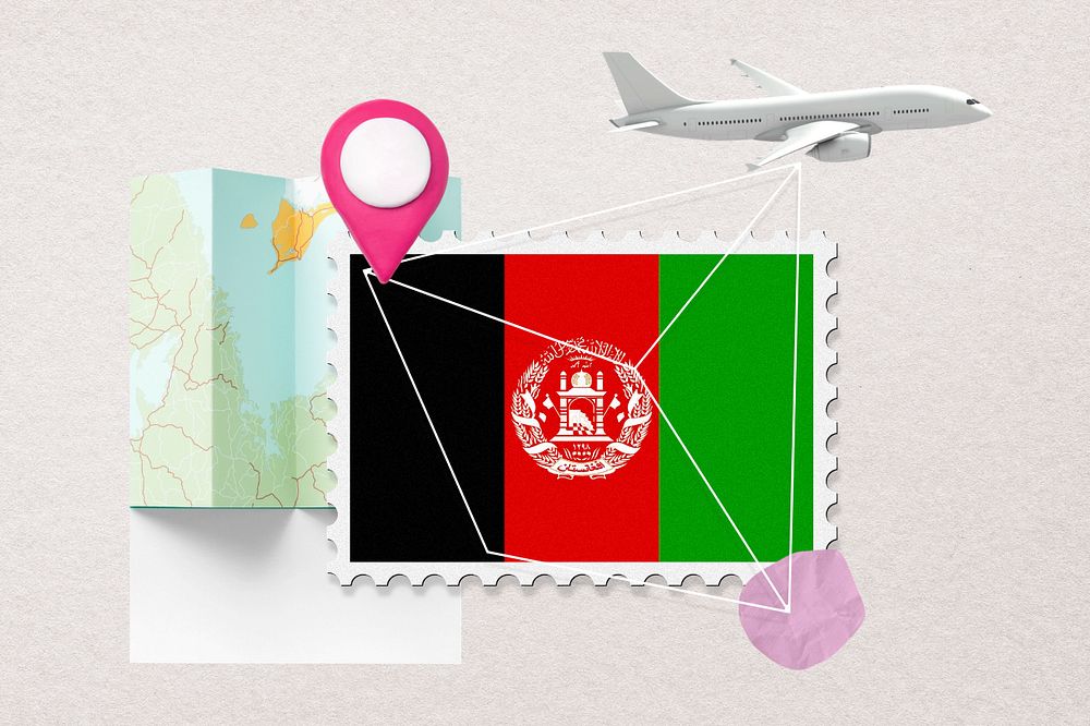 Afghanistan travel, stamp tourism collage illustration, editable design