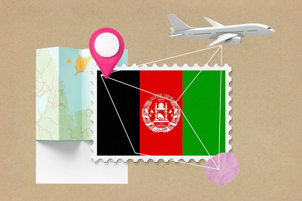 Afghanistan travel, stamp tourism collage illustration, editable design