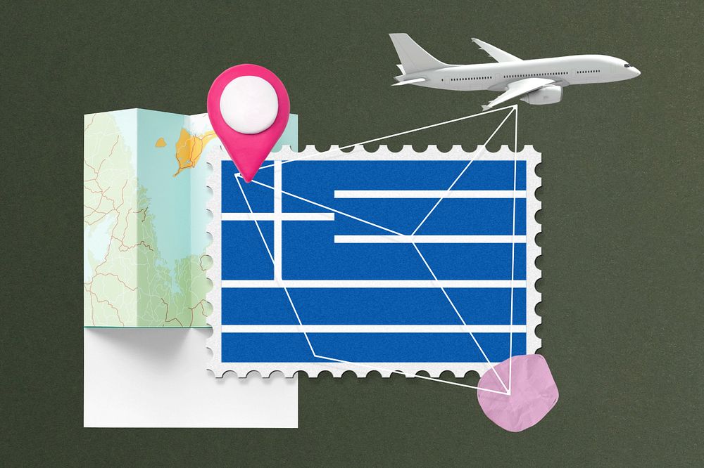 Greece travel, stamp tourism collage illustration, editable design