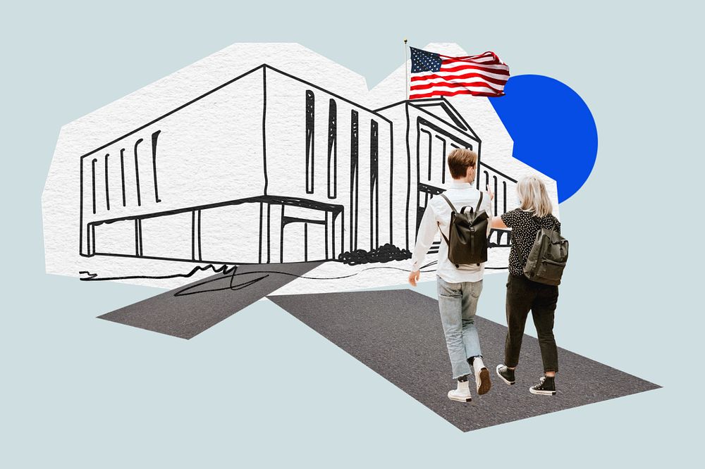 Study in USA, education line art collage, editable design