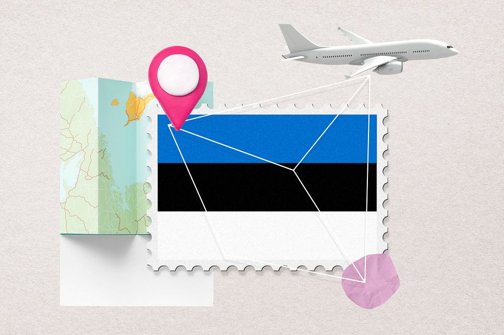 Estonia travel, stamp tourism collage illustration, editable design