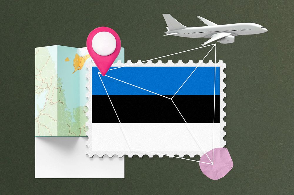 Estonia travel, stamp tourism collage illustration, editable design