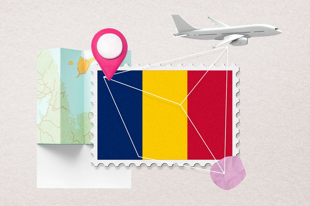 Romania travel, stamp tourism collage illustration, editable design