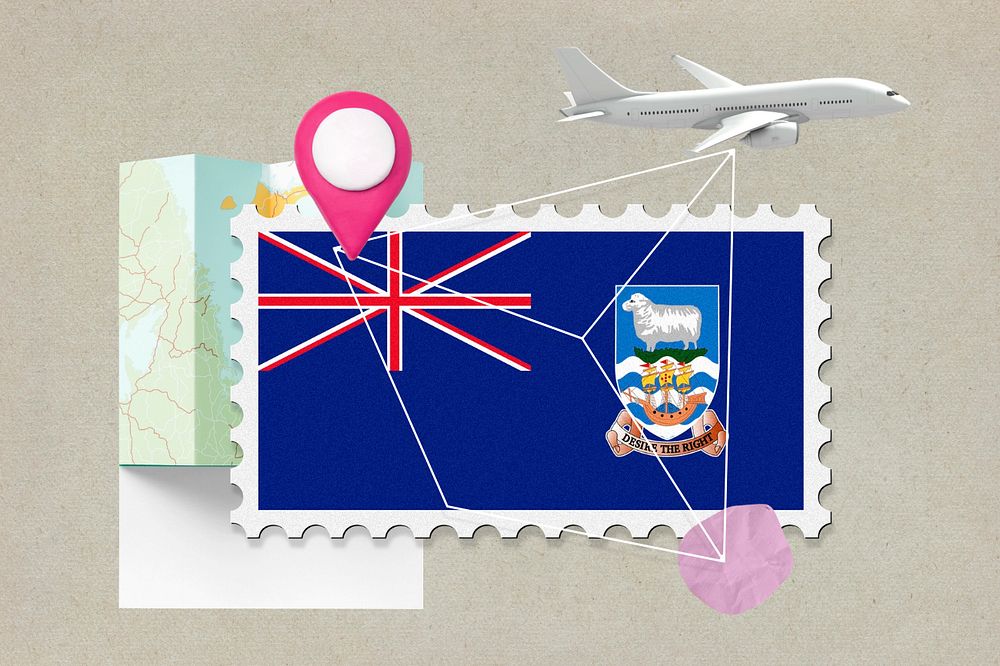 Falkland Islands travel, stamp tourism collage illustration, editable design