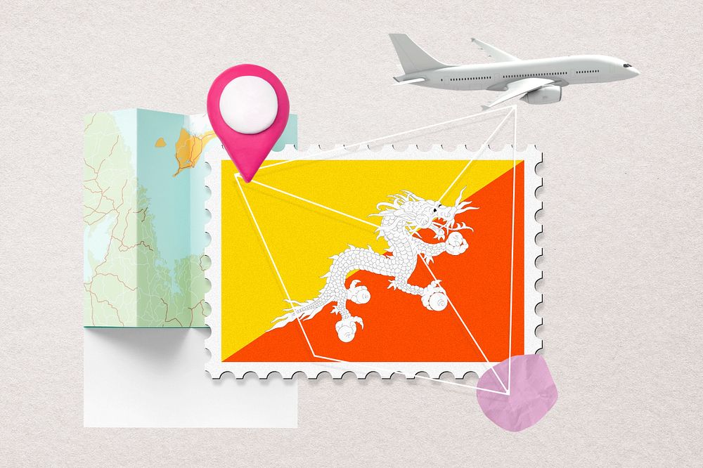 Bhutan travel, stamp tourism collage illustration, editable design