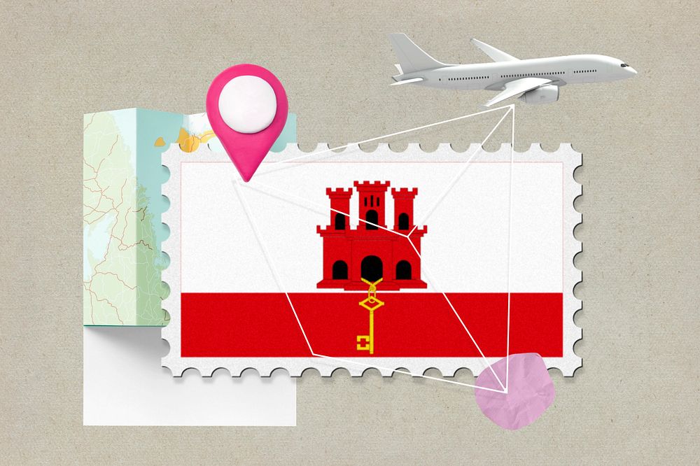 Gibraltar travel, stamp tourism collage illustration, editable design