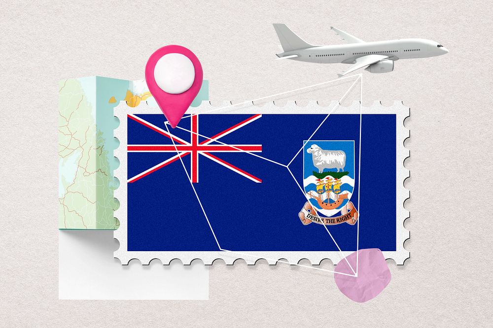 Falkland Islands travel, stamp tourism collage illustration, editable design