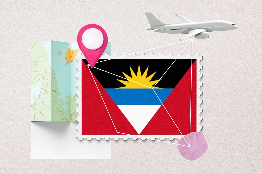 Antigua travel, stamp tourism collage illustration, editable design