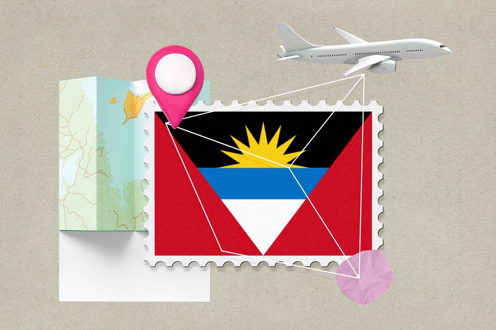 Antigua travel, stamp tourism collage illustration, editable design