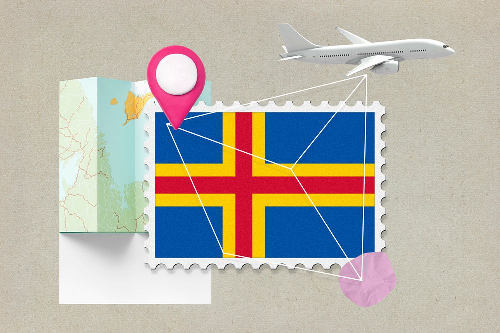 åland travel, stamp tourism collage illustration, editable design