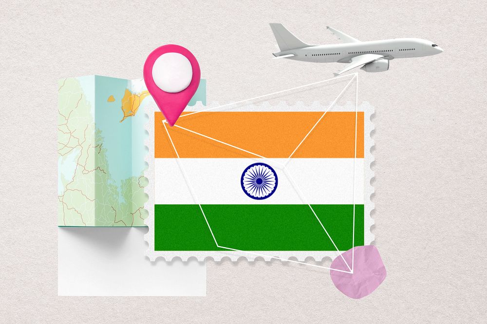 India travel, stamp tourism collage illustration, editable design