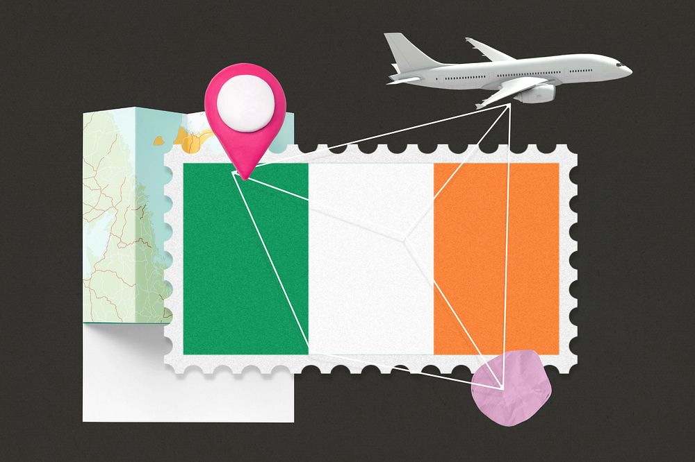 Ireland travel, stamp tourism collage illustration, editable design