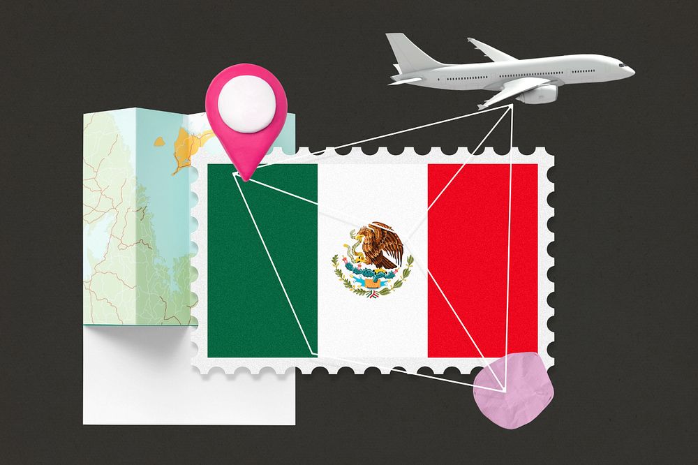 Mexico travel, stamp tourism collage illustration, editable design