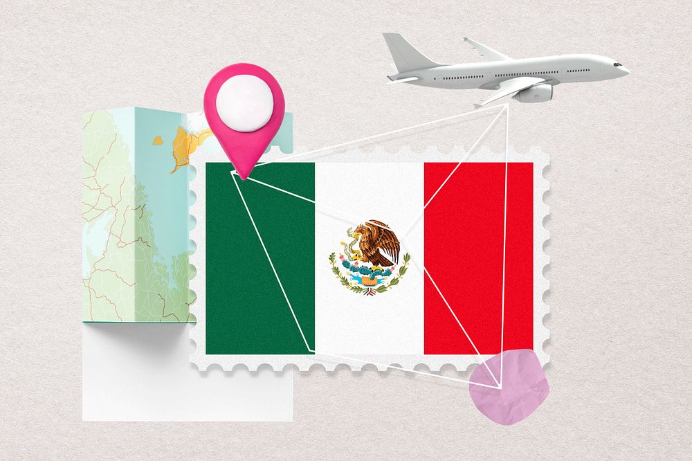 Mexico travel, stamp tourism collage illustration, editable design