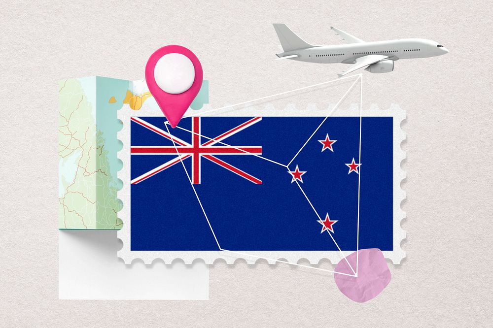 New Zealand travel, stamp tourism collage illustration, editable design