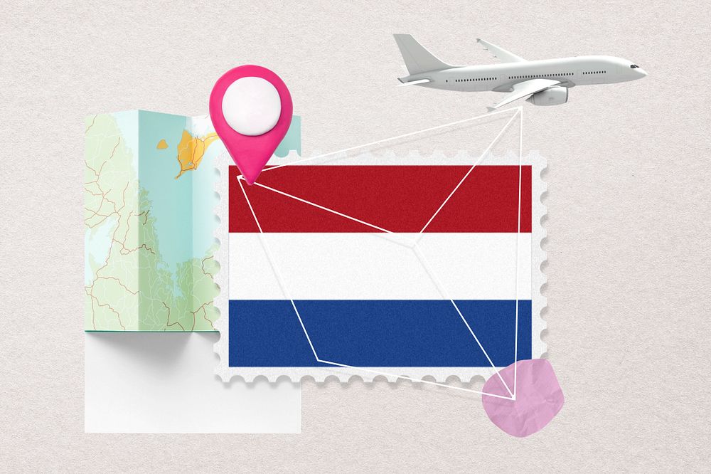 Netherlands travel, stamp tourism collage illustration, editable design