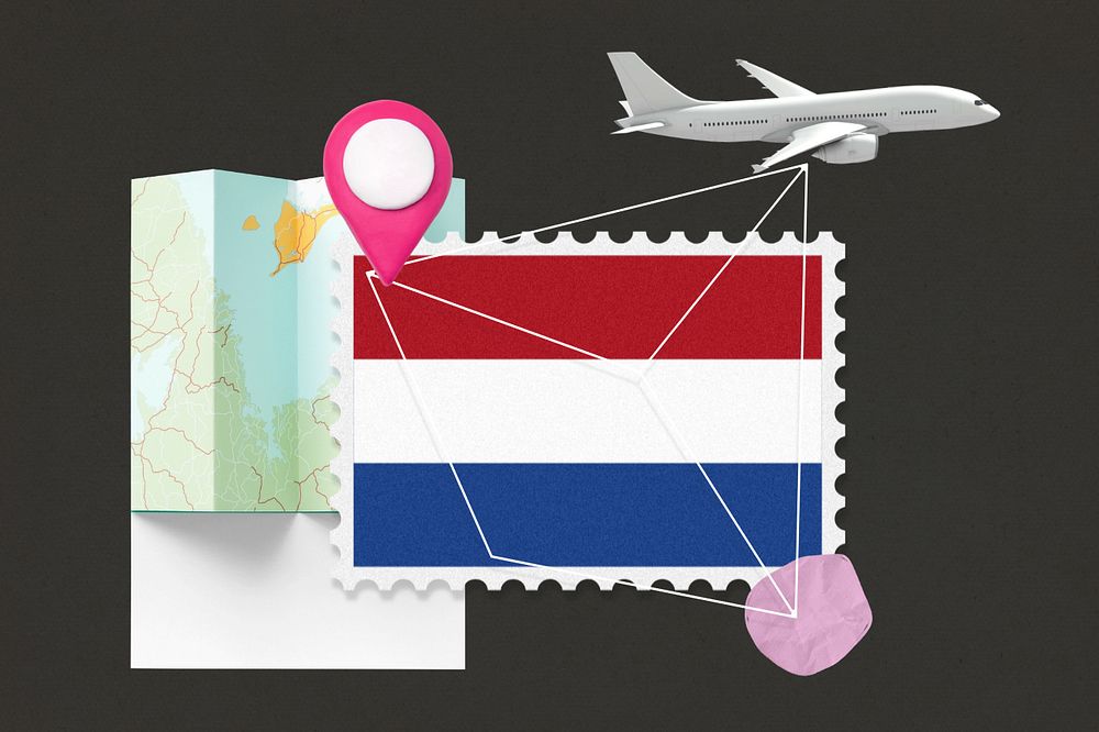 Netherlands travel, stamp tourism collage illustration, editable design