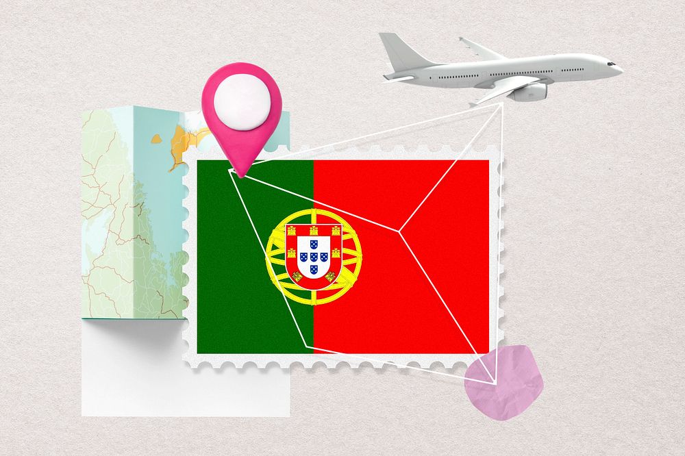 Portugal travel, stamp tourism collage illustration, editable design