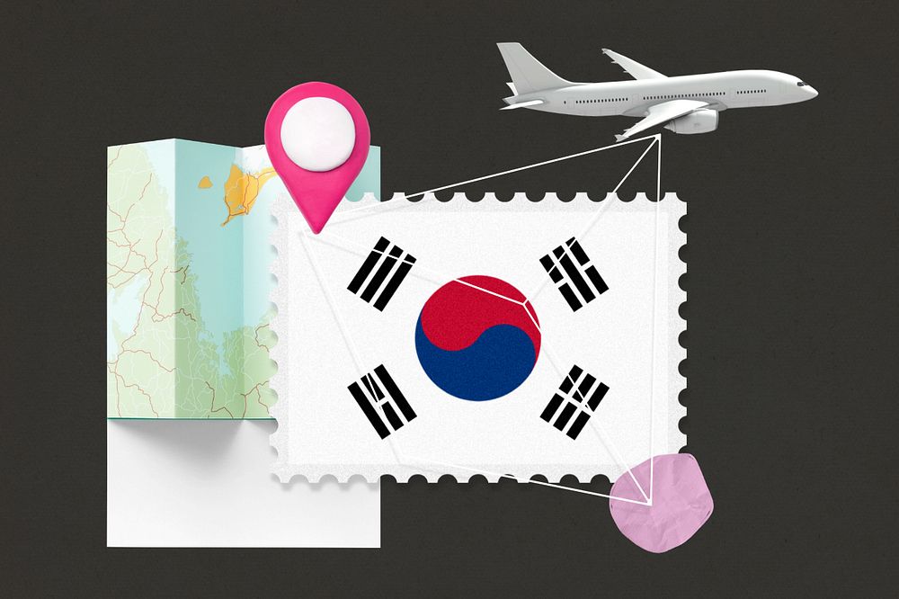 South korea travel, stamp tourism collage illustration, editable design