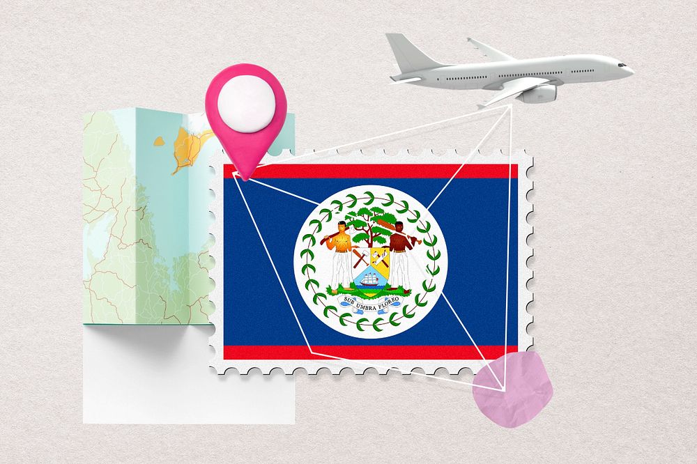 Belize travel, stamp tourism collage illustration, editable design