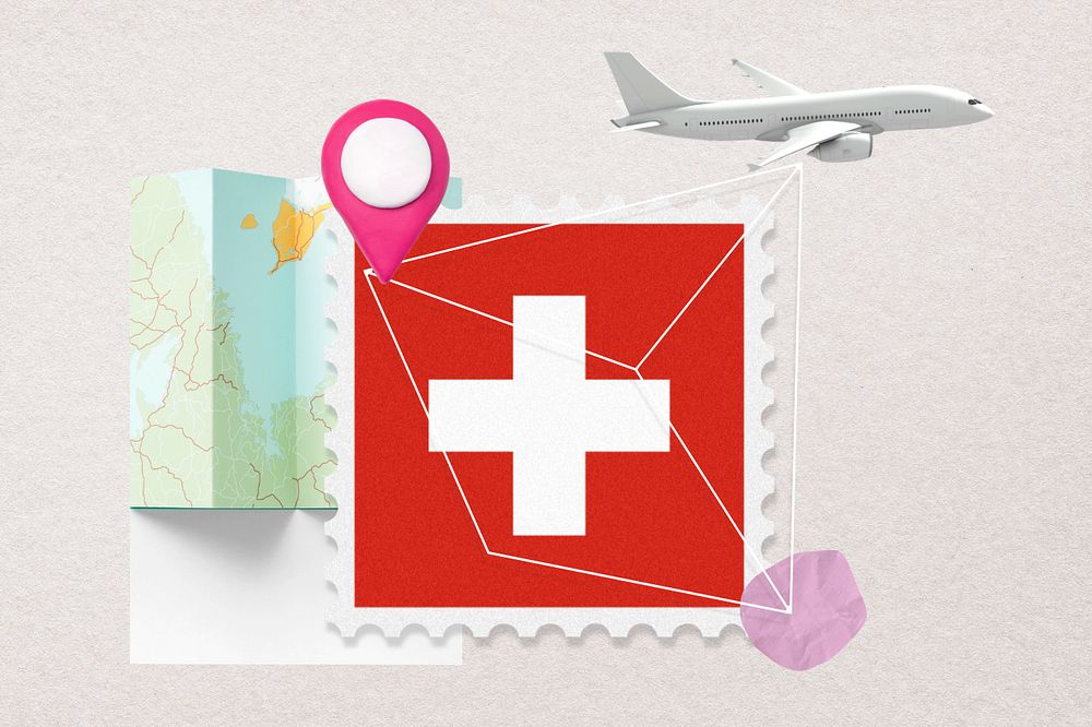 Switzerland travel, stamp tourism collage illustration, editable design