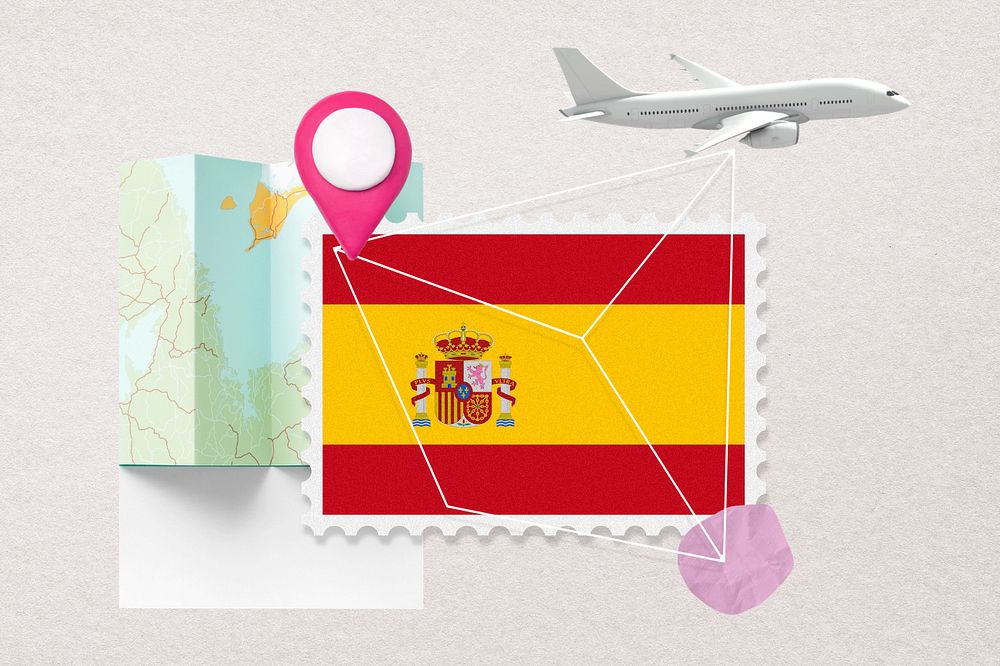 Spain travel, stamp tourism collage illustration, editable design