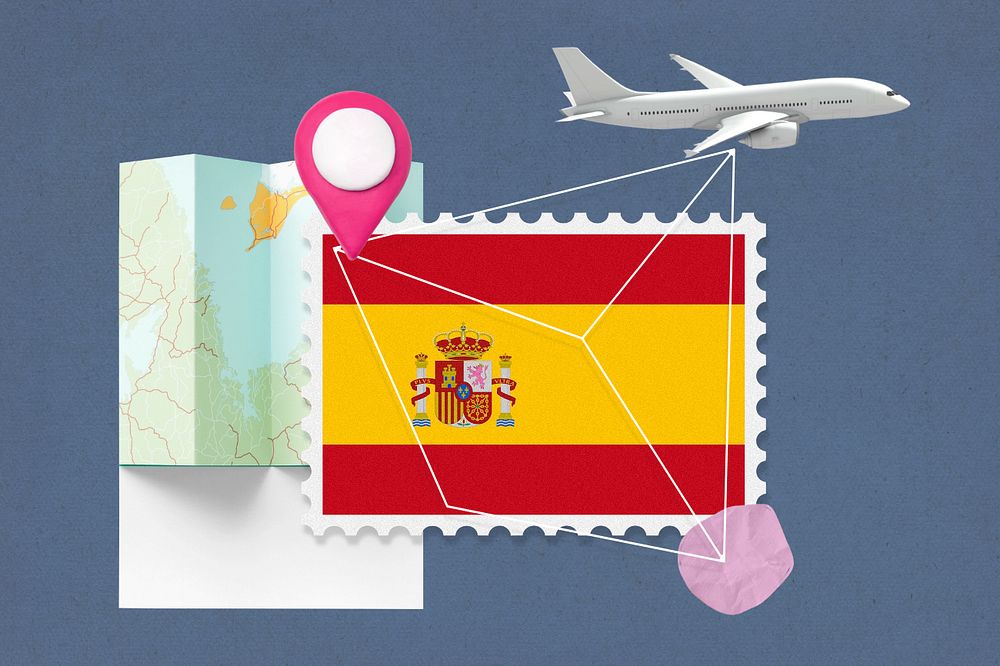 Spain travel, stamp tourism collage illustration, editable design