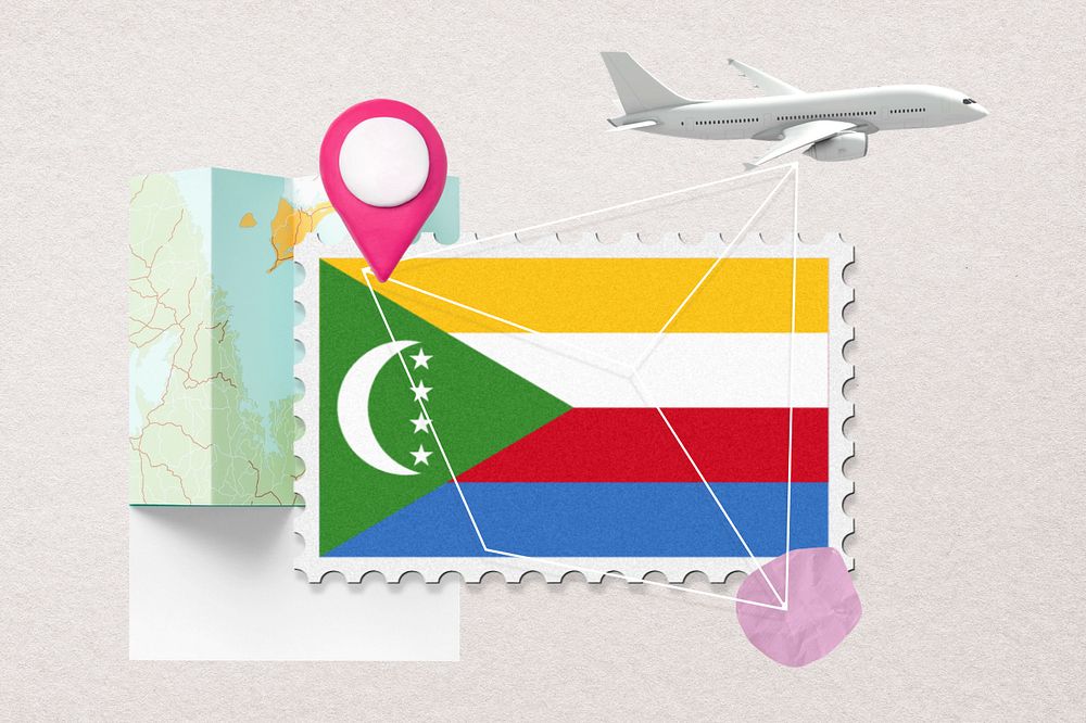 Comoros travel, stamp tourism collage illustration, editable design