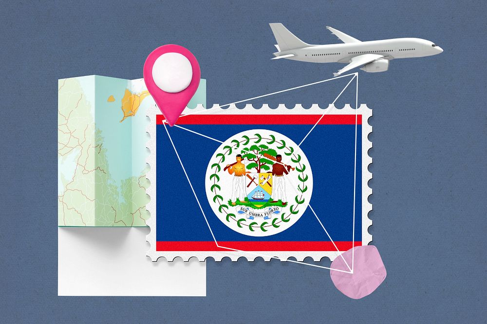 Belize travel, stamp tourism collage illustration, editable design