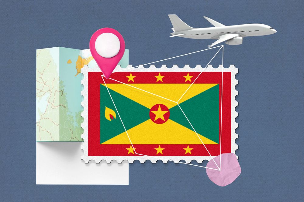 Grenada travel, stamp tourism collage illustration, editable design