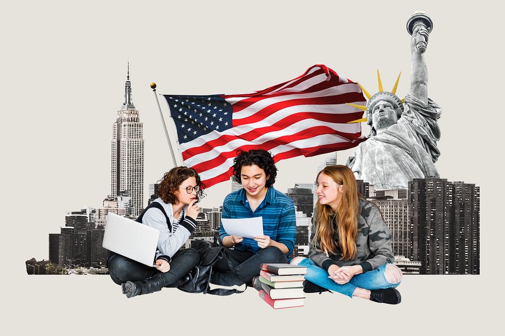 Study in USA, education photo collage, editable design