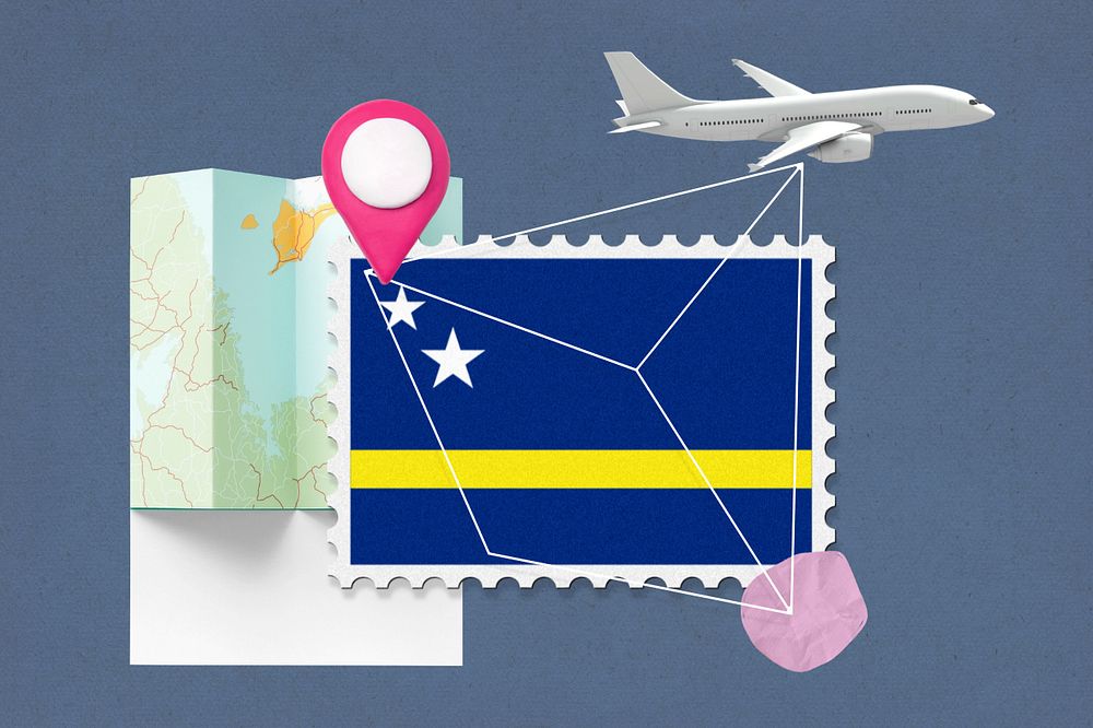 Curacao travel, stamp tourism collage illustration, editable design