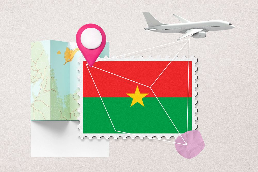 Burkina Faso travel, stamp tourism collage illustration, editable design