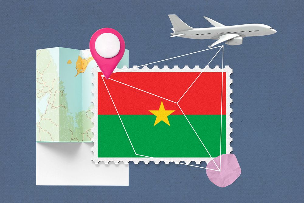 Burkina Faso travel, stamp tourism collage illustration, editable design