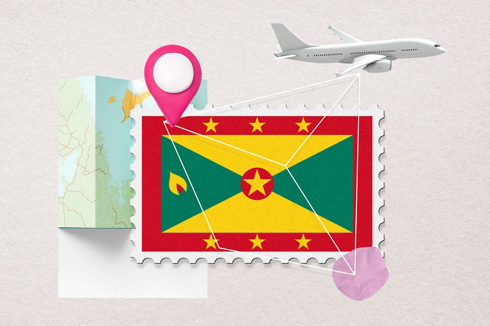 Grenada travel, stamp tourism collage illustration, editable design