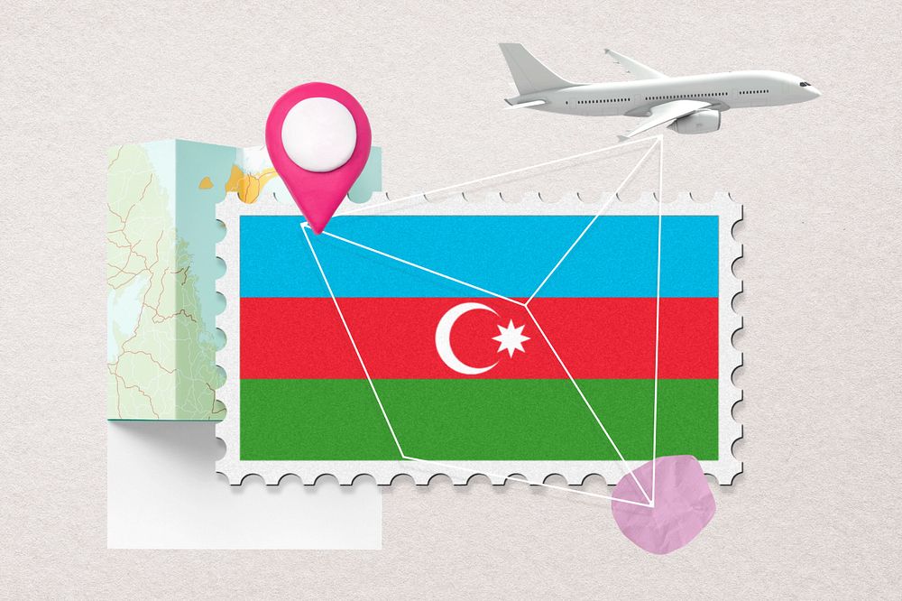 Azerbaijan travel, stamp tourism collage illustration, editable design