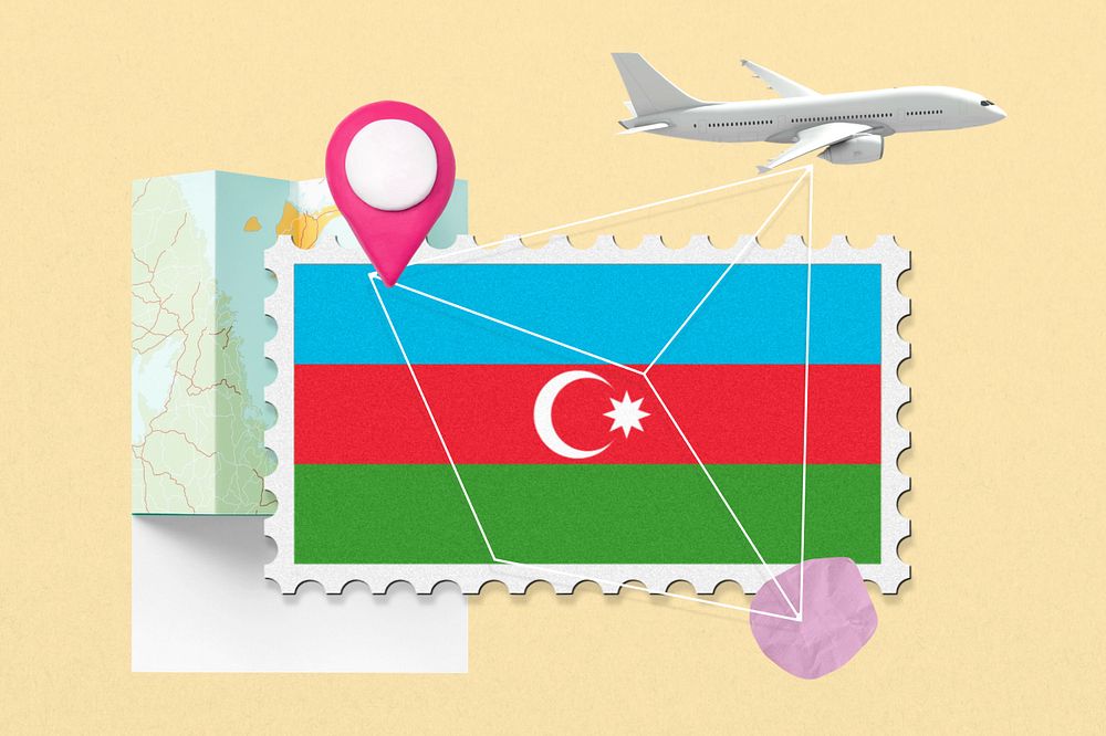 Azerbaijan travel, stamp tourism collage illustration, editable design