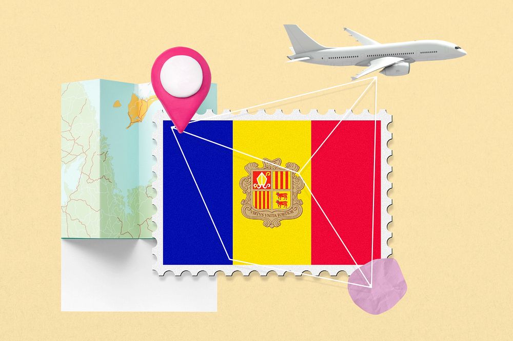 Andorra travel, stamp tourism collage illustration, editable design