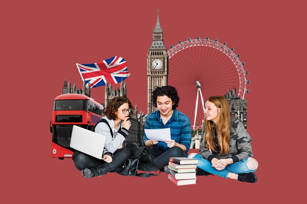 Study in UK, education photo collage, editable design