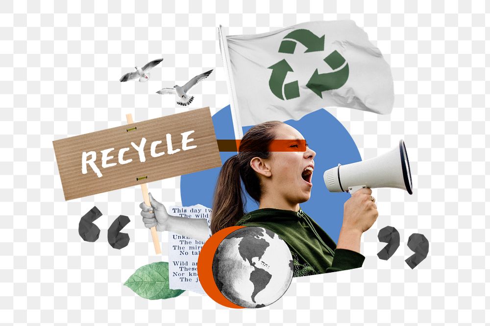 Recycle environment protest, woman holding megaphone remix, editable design